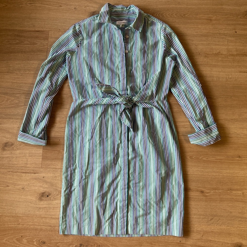 Calvin Klein Womens Green Blue Striped Long Sleeve Tie Waist Shirt Dress